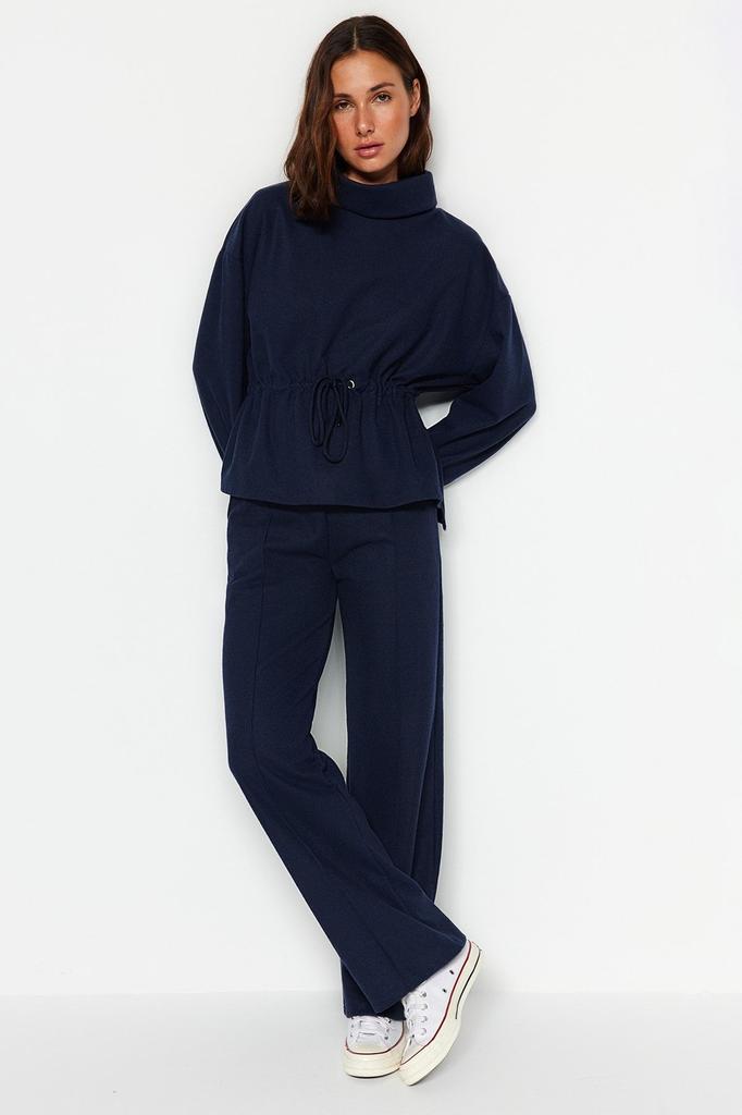 Women's Fashionable Stylish Sweatshirt Navy Blue Thessaloniki Knitwear Look High Collar Gathered Regular Fit Knitted Sweatshirt