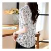 Navava Women Flower Pattern Ribbon Neck Short Sleeve Blouse Nb2085