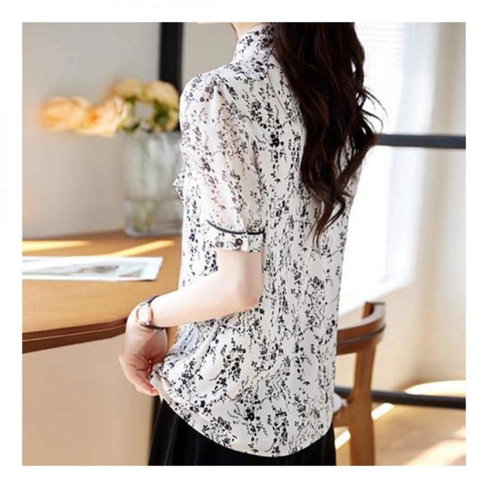 Navava Women Flower Pattern Ribbon Neck Short Sleeve Blouse Nb2085
