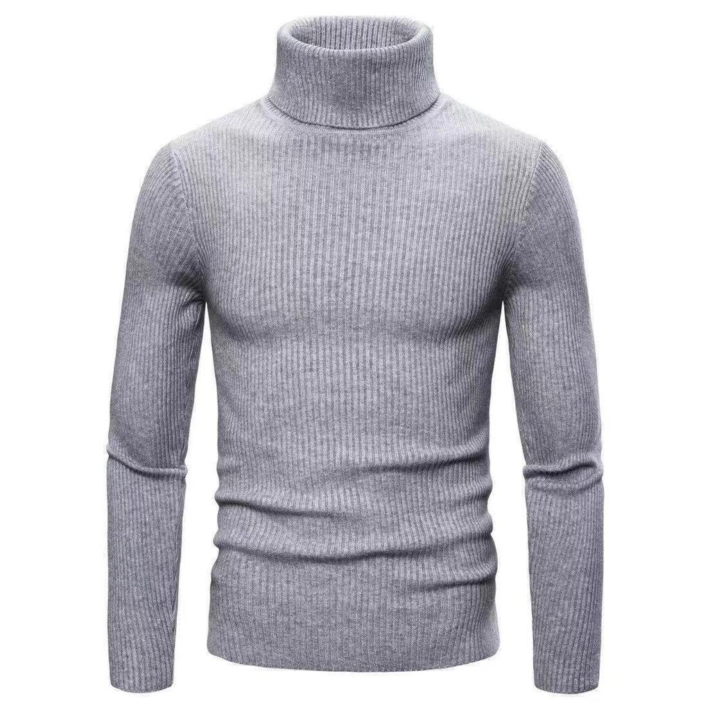 Men's Solid Color High Neck Slim Fit Striped Knit Sweater