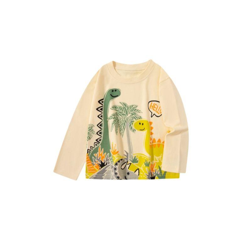 And Autumn Children's Clothing Boys' Long-Sleeved Shirts T-Shirts Kidsren's Cartoon Dinosaur Round Neck Tops Boys' Drop-Shoulder Pure Cotton Clothes