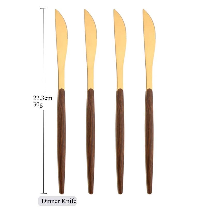 Brown Gold Stainless Steel Dinnerware Set with Imitation Wooden Handle - 4/16 Piece Cutlery Set including Knife, Spoon, Fork
