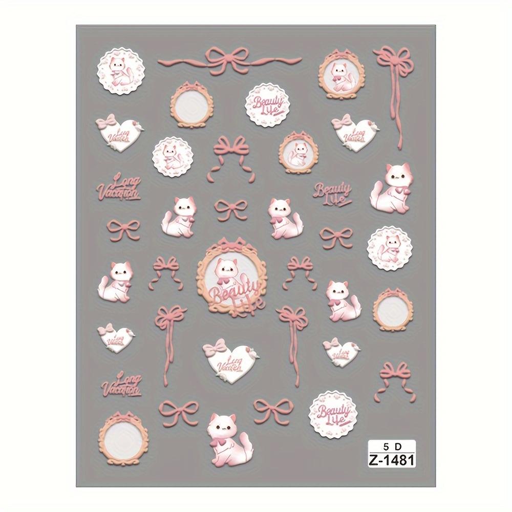 

5D Объемные Мультяшные Розовые Наклейки для Ногтей с Котиками - Самоклеящиеся Блестящие Наклейки для Дизайна Ногтей с Милыми Котятами, Сердечками и Бантиками для Маникюра