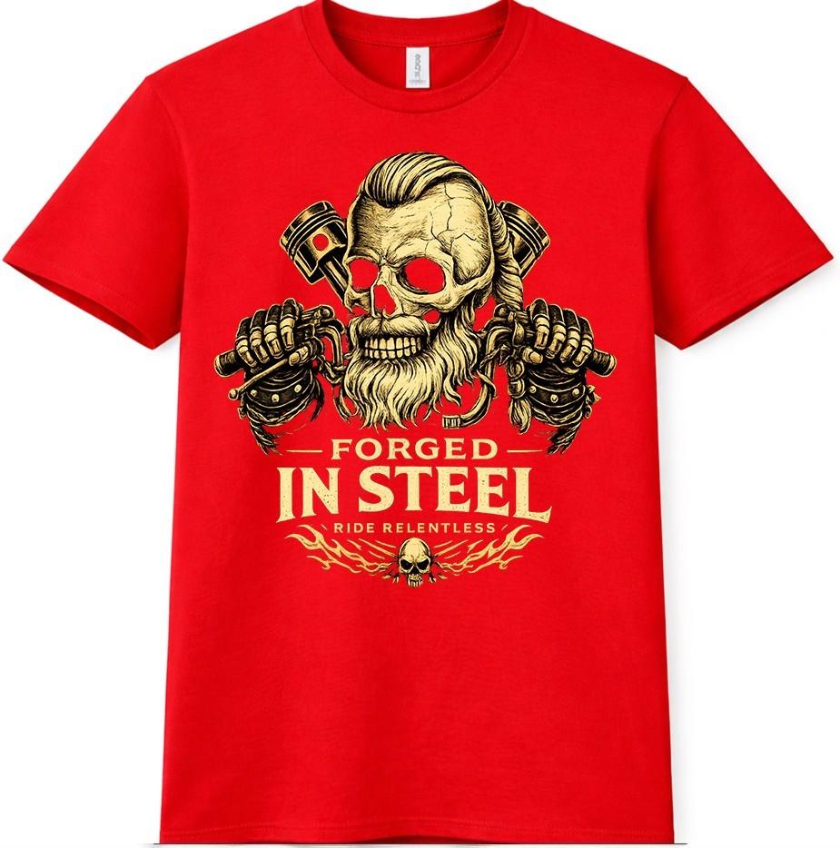 Skull Biker T Shirt Ride Relentless Forged in Steel Motorcycle Tee Graphic Top 4XL