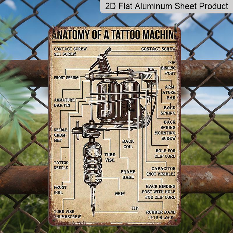 2D Flat Vintage Tattoo Machine Diagram Metal Sign - 7.87X11.8inch Aluminum Wall Art for Home, Bar, Cafe, Garden Decor - Ideal for Holiday Parties