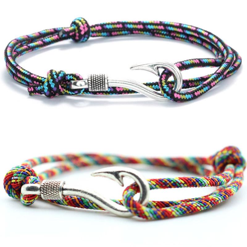 Neues Mode-Seilarmband Herren Silberfarbe Angelhaken Armband Zweilagig Schiebbar Verstellbar Nautisches Wickelband Armband Pulseria Homme