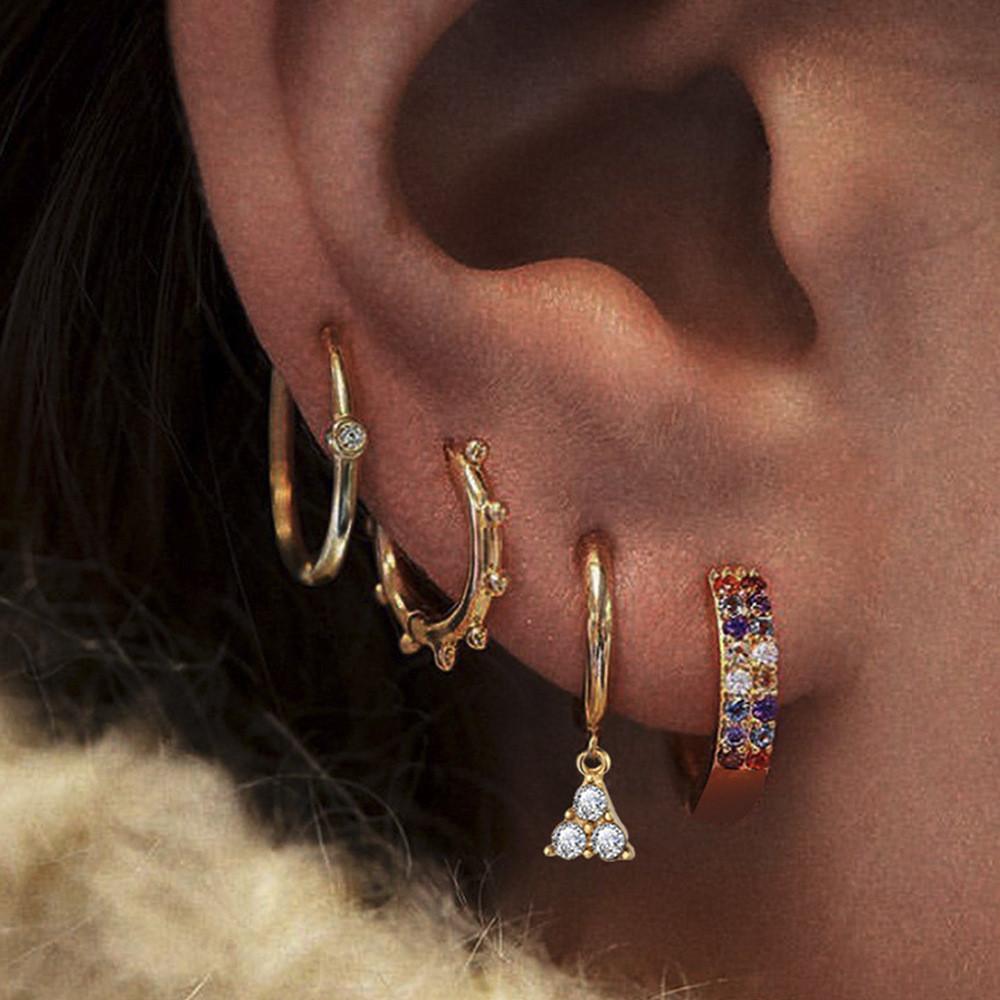 Geometric Stylish Rhinestone Earrings Set Alloy Four Piece Chic Set Jewelry