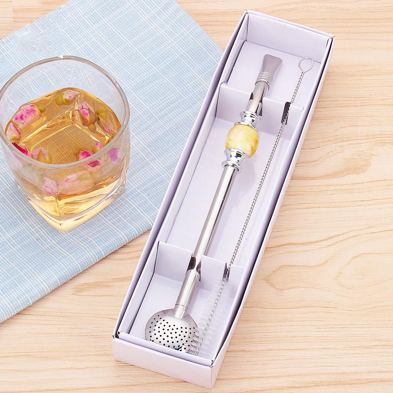 Oboustranná filtrační lžíce z nerezové oceli, brčko Bombilla s kartáčkem, dlouhá rukojeť, míchací lžíce, kuchyňské náčiní