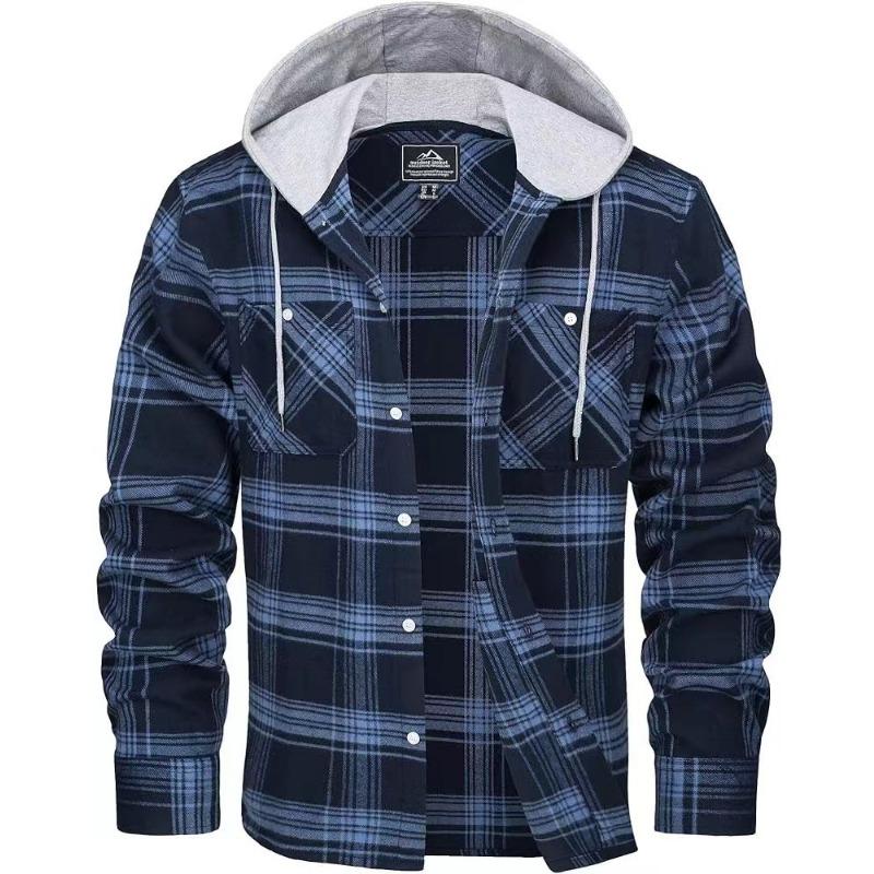 Pánská flanelová košile na podzim a zimu, bavlněná košile s dlouhým rukávem s kostkovaným vzorem, ležérní košile s kapucí
