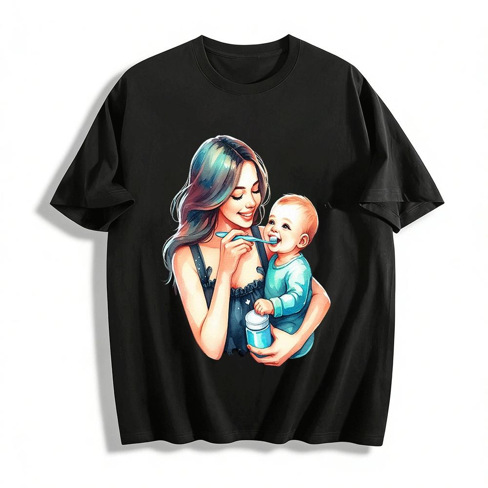 Mom And Baby Tooth Brushing Printed Casual Family Top Pure cotton T-shirt XXS