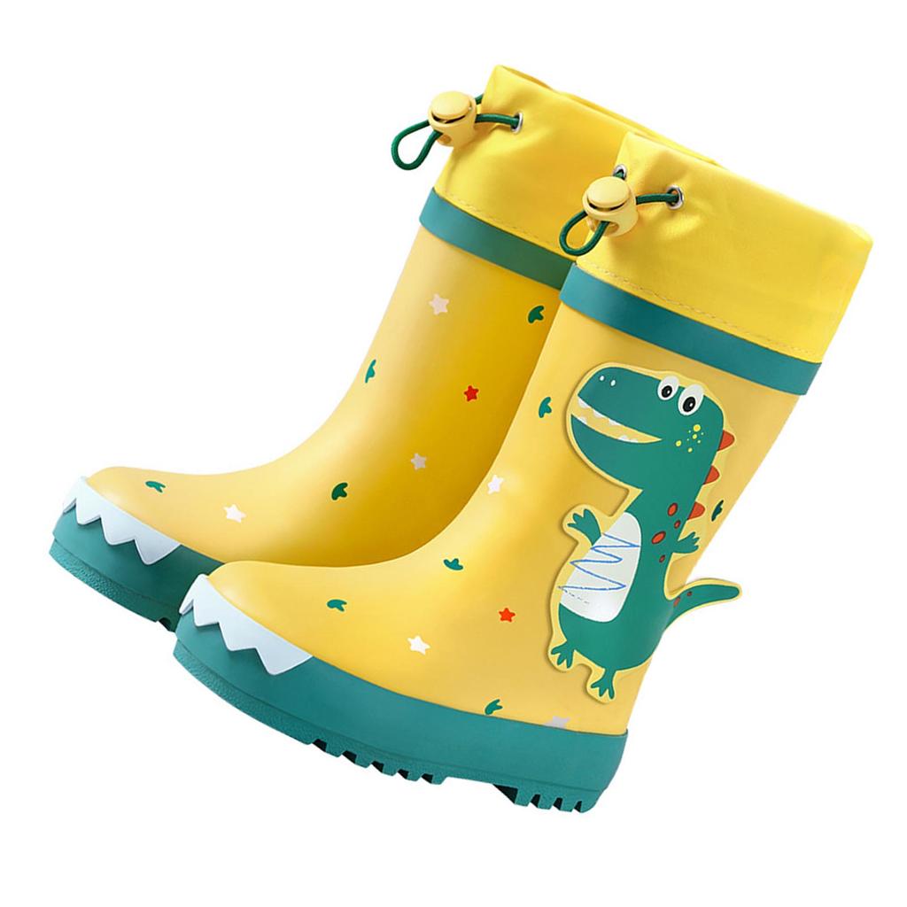 Kids Rain Boots Slip Resistant Cartoon Dinosaur Waterproof Rubber Children Tall Rain Shoes for Boys Girls Yellow and