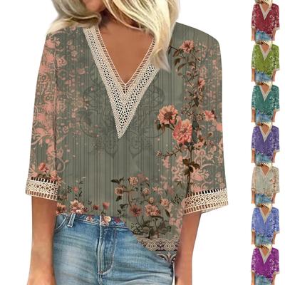 Women's Shirt Blouse Casual Loose Shirts  3/4 Sleeve Lace Print  V Neck Tops Print  Tops T-shirts Tee