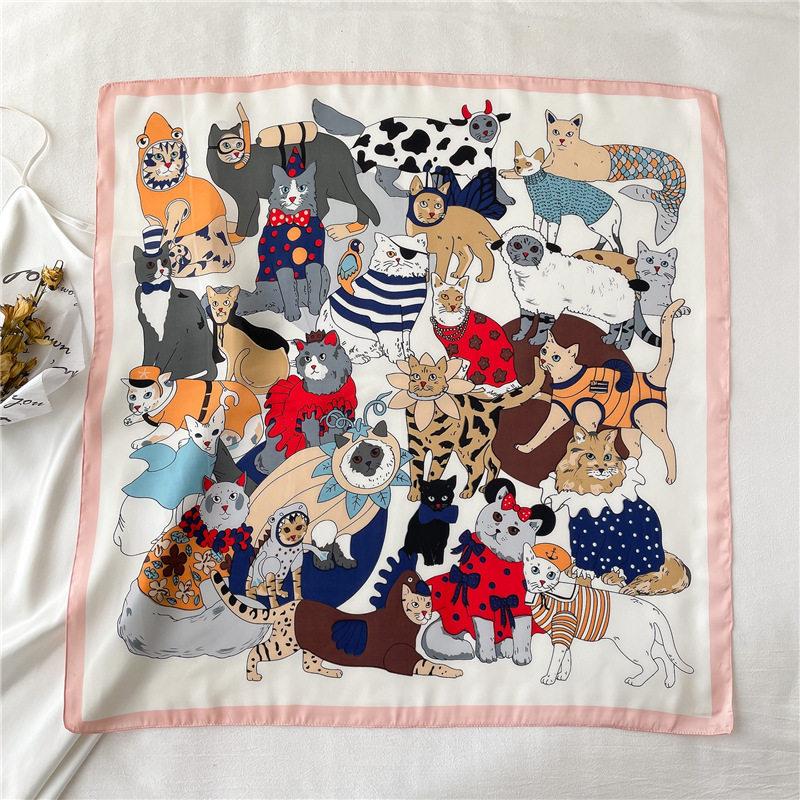 Lightweight Printed Small Square Scarf for Women, Cute Cat Floral Neck Warmer Windproof Bandana Hair Band Silk Scarf for Women