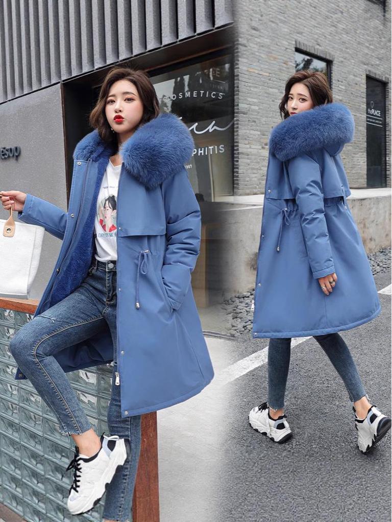 2025 Winter Women's Mid-Length Fur Collar Cotton Coat with Velvet Padding