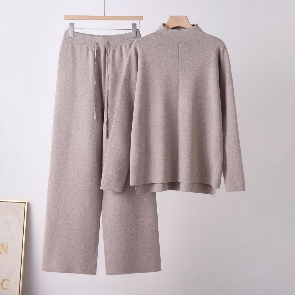 Autumn and Winter Casual Long Sleeve Split Knitted Sweater High Waist Skinny Wide Leg Pants Trousers Two-piece Set Modal