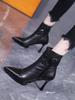 Khaki Pointed High-heeled Short Boots Women's Autumn and Winter 2025 New Design Belt Buckle Splicing Thin Heel Thin Boots