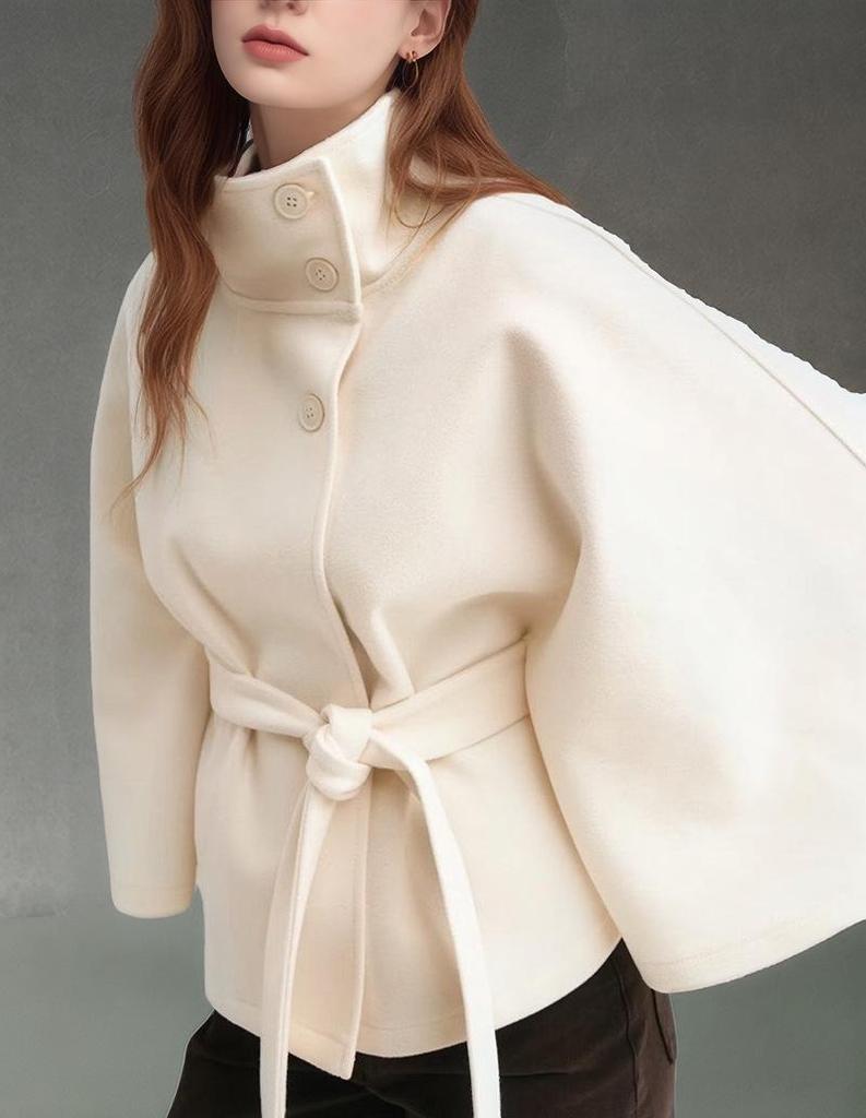 European and American Women's Autumn/Winter Wool Cape Coat with Stand Collar and Belt