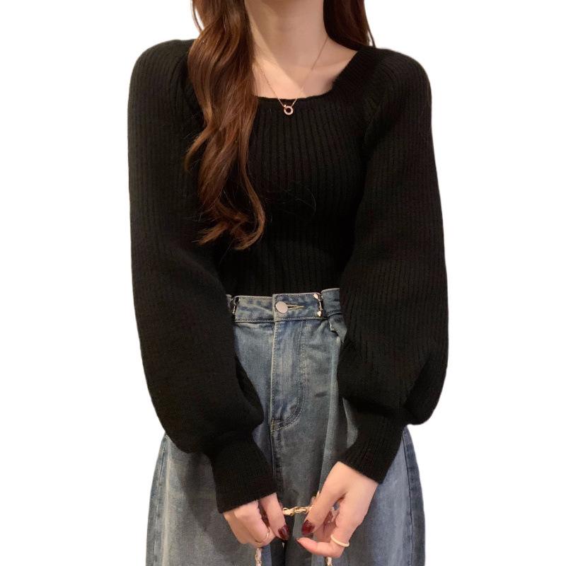 High-End Puff Sleeve Square Neck Sweater - Autumn/Winter Slim Fit Versatile Top