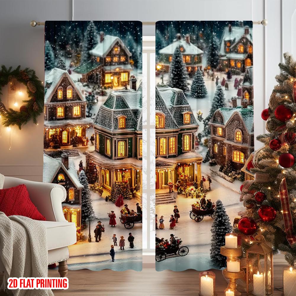 2pcs 2D Flat Printing Christmas Drapes Vintage Village Versatile Fabric Without Electricity Festive Wall Decor Use for Indoor