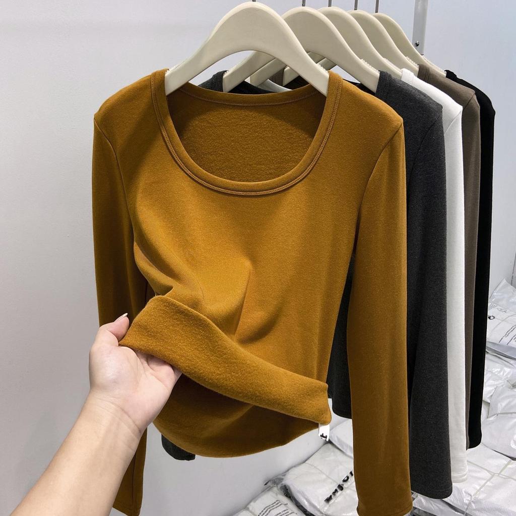 "2025 Autumn/Winter U-neck Thin Fleece Women's Long-sleeved Top: European Style with Exposed Collarbones”