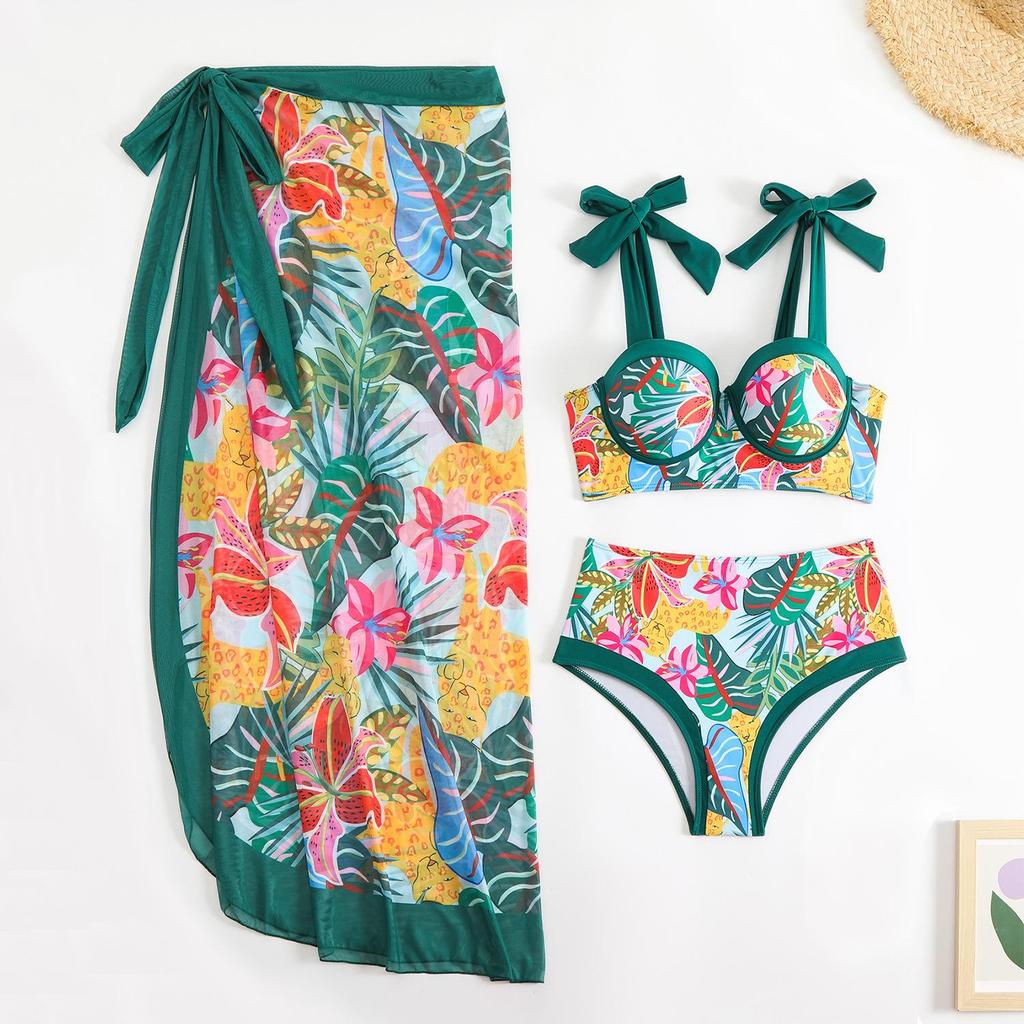 New Printed With Sarong Female Swimsuit High Waist Bikini Women Swimwear Three-pieces Bikini set Bather Bathing Suit Swim