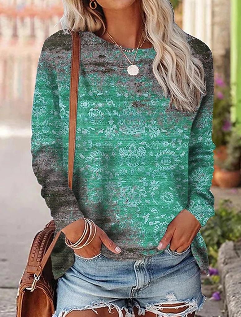 Fashion Women's T shirt Tee Graphic Print Casual Long Sleeve Weekend Vintage Ethnic Crew Neck Regular Fit Painting Fall & Spring