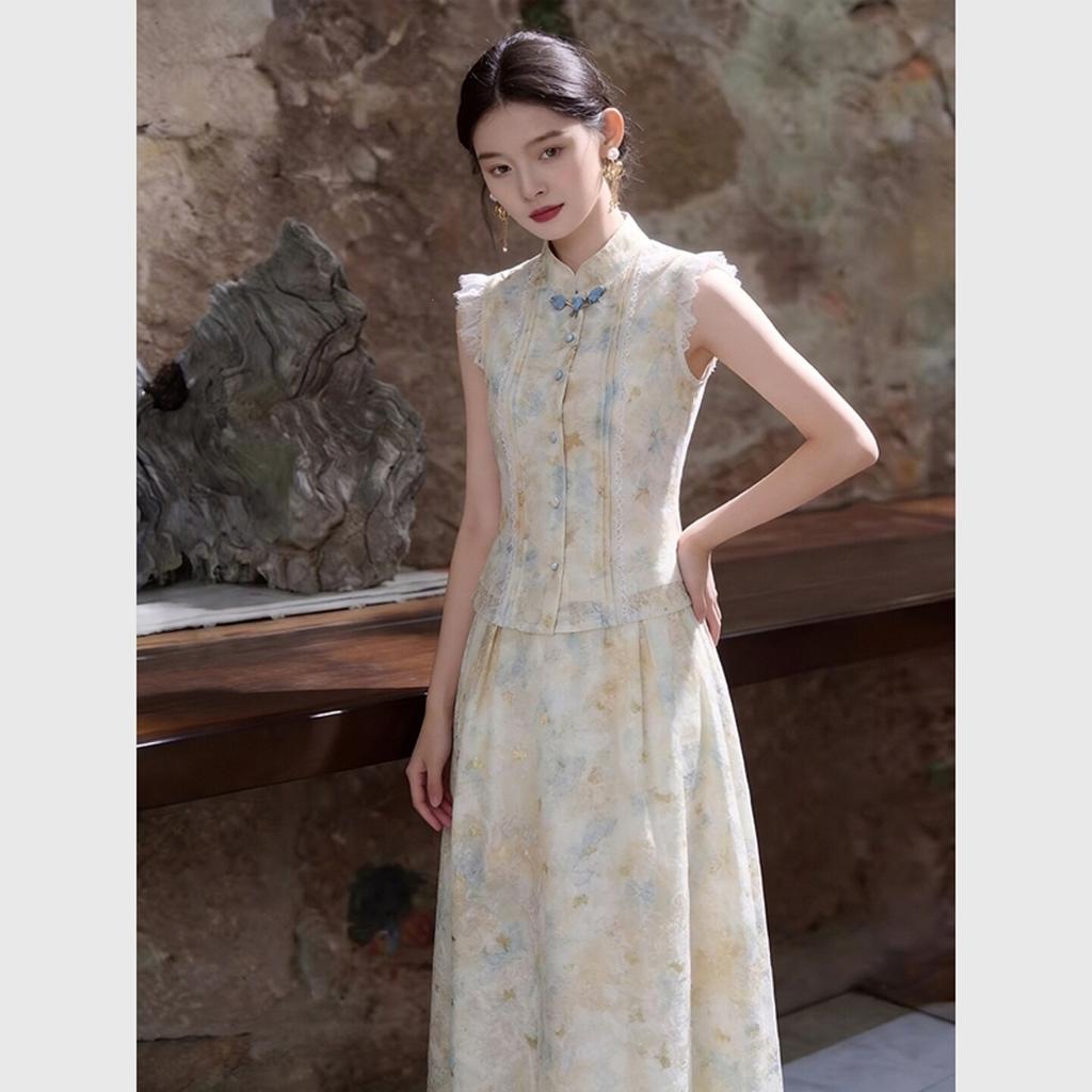 Mo Chun New Chinese Lace Xiaofei Sleeve Bronzing Sleeveless Top Horse Skirt Women's Summer Guofeng Suit Polyester South East Asia