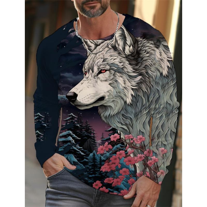 Men's Ukiyoe Long-sleeved T-shirt 3d Printed High-definition Wolf Print Men's Autumn Top Casual Round Neck T-shirt