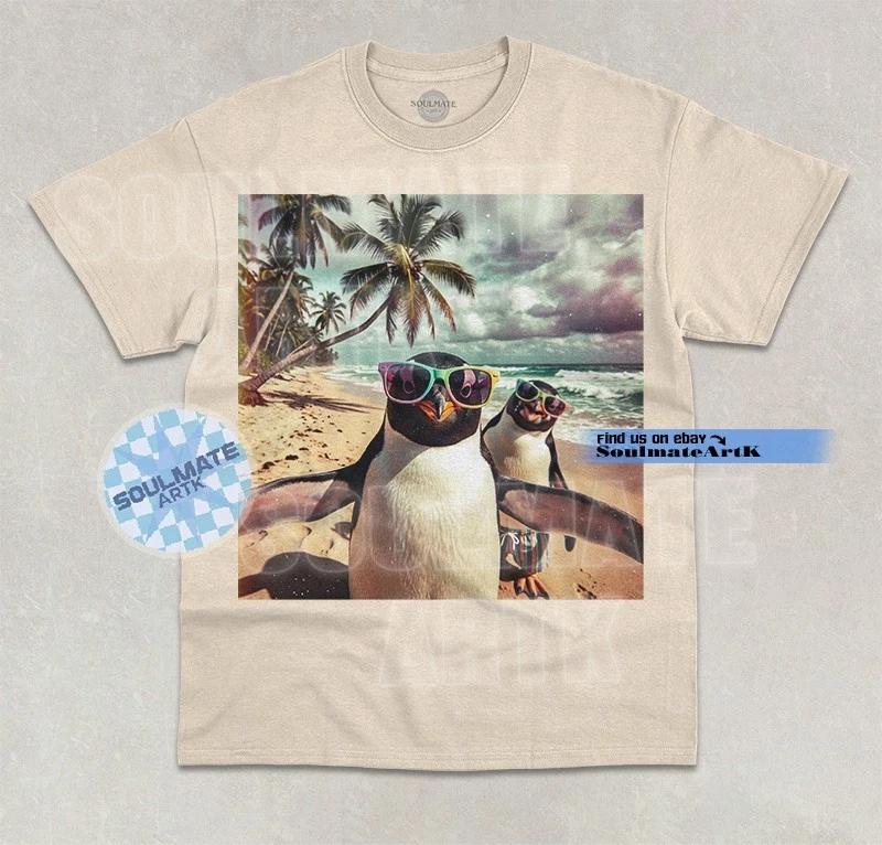 Penguins At The Beach Selfie T-Shirt Funny Animal Lover Graphic Unisex Shirt XL