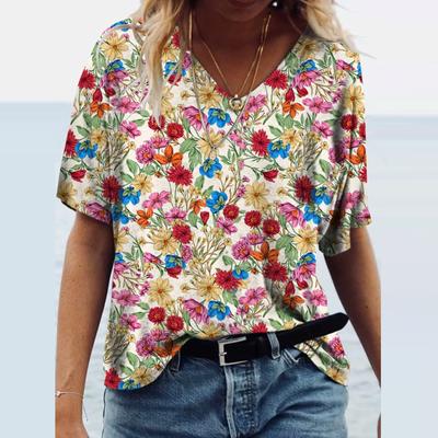 Tricou cu imprimeu cu flori de plante pentru femei, vara 2021, la modă nouă, ocazional, de stradă, cu mânecă scurtă, cu decolteu în V, maiuri pentru femei