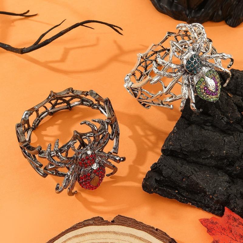 1 Stück Punk Spinnen-Thema Persönlichkeit Armband - Schwerlast Zinklegierung Schwarz Rot Strass Spinnennetz mit Spinnenanhänger, Elastisches Band Design