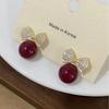 Elegant Red Pearl Bow Earrings for Women - Light Luxury, Micro-Paved, High-End Studs for Autumn/Winter 