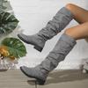 Women's Solid Color Trendy Boots, Buckle Belt Pull On Chunky Heel High Knee Boots, Winter Round Toe Slouchy Boots