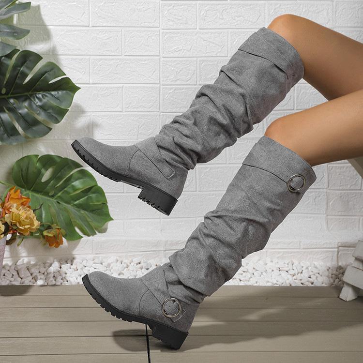 Women's Solid Color Trendy Boots, Buckle Belt Pull On Chunky Heel High Knee Boots, Winter Round Toe Slouchy Boots