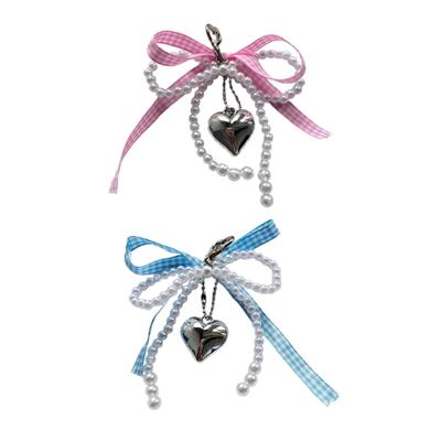 Cute Heart Pearl Bowknot Keychain Pendant Lovely Hangings Decorations Keyring Charm for Purse Bag Backpack Handbag