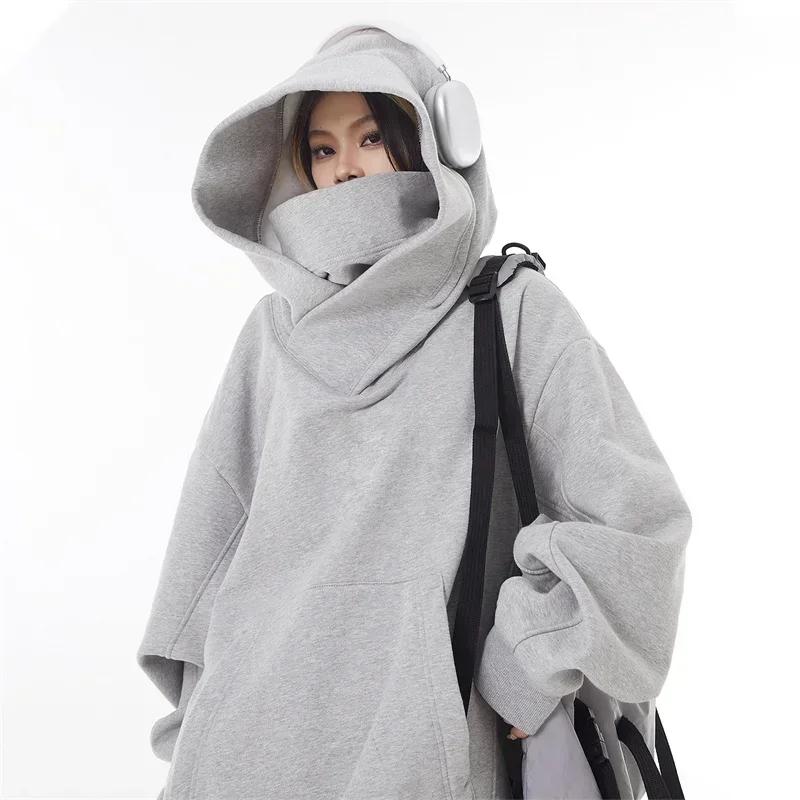 Wovey Herfst Effen Kleur Ninja Col Hoodie Voor Mannen Vintage Fleece Sweatshirts Hip Hop Japanse Streetwear Oversized Hoodie M grijze kleur