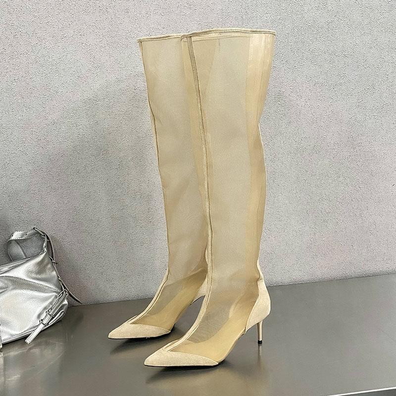 

Модные женские ботфорты с острым носком и тонкими каблуками, обувь, модные сетчатые дышащие женские длинные ботильоны на молнии 35 бежевый