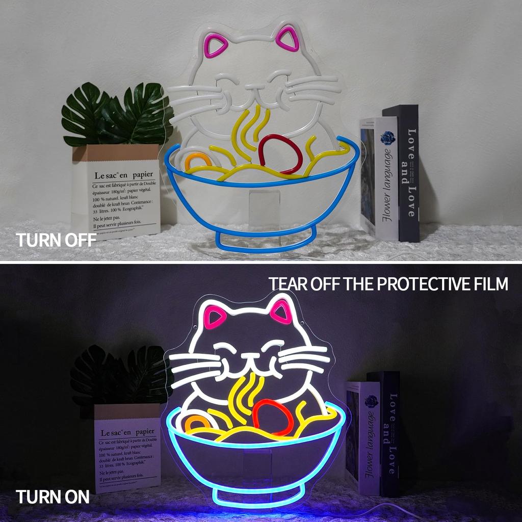 Fortune Cat Ramen Neon  Lucky Cat Decor Japanese Noodles Signs for Home Kitchen Restaurant Bar Party Business Decor Gift