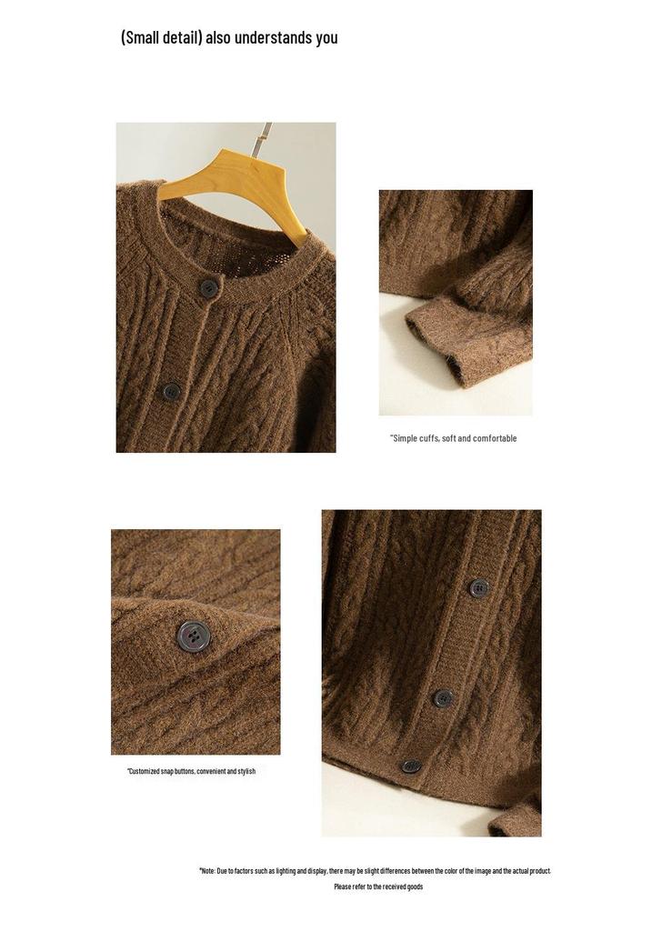 Korean Style Cable Knit Round Neck Cardigan: Single-Breasted, Loose, Warm Winter Sweater Coat