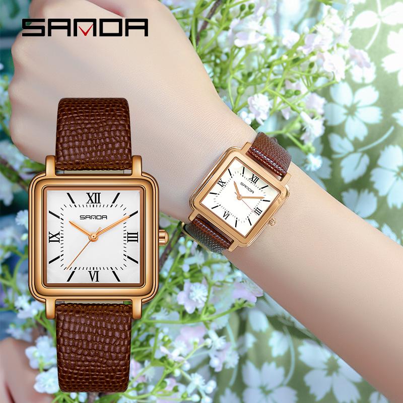 Sanda Women's Vintage Style Square Quartz Watch with Roman Numerals - Simple, Versatile, Waterproof Design