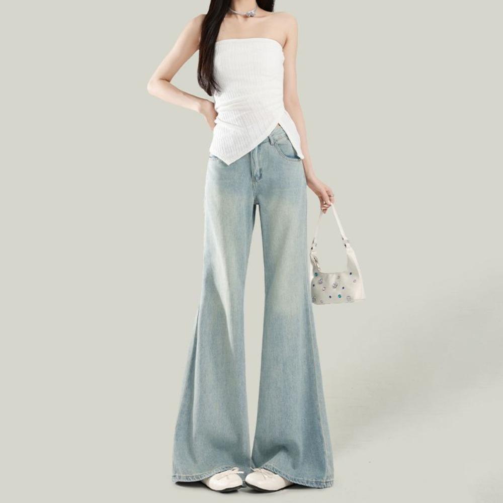 Women's High Waist Flare Jeans Loose Fit Light Blue Sand Wash Casual Denim Trousers