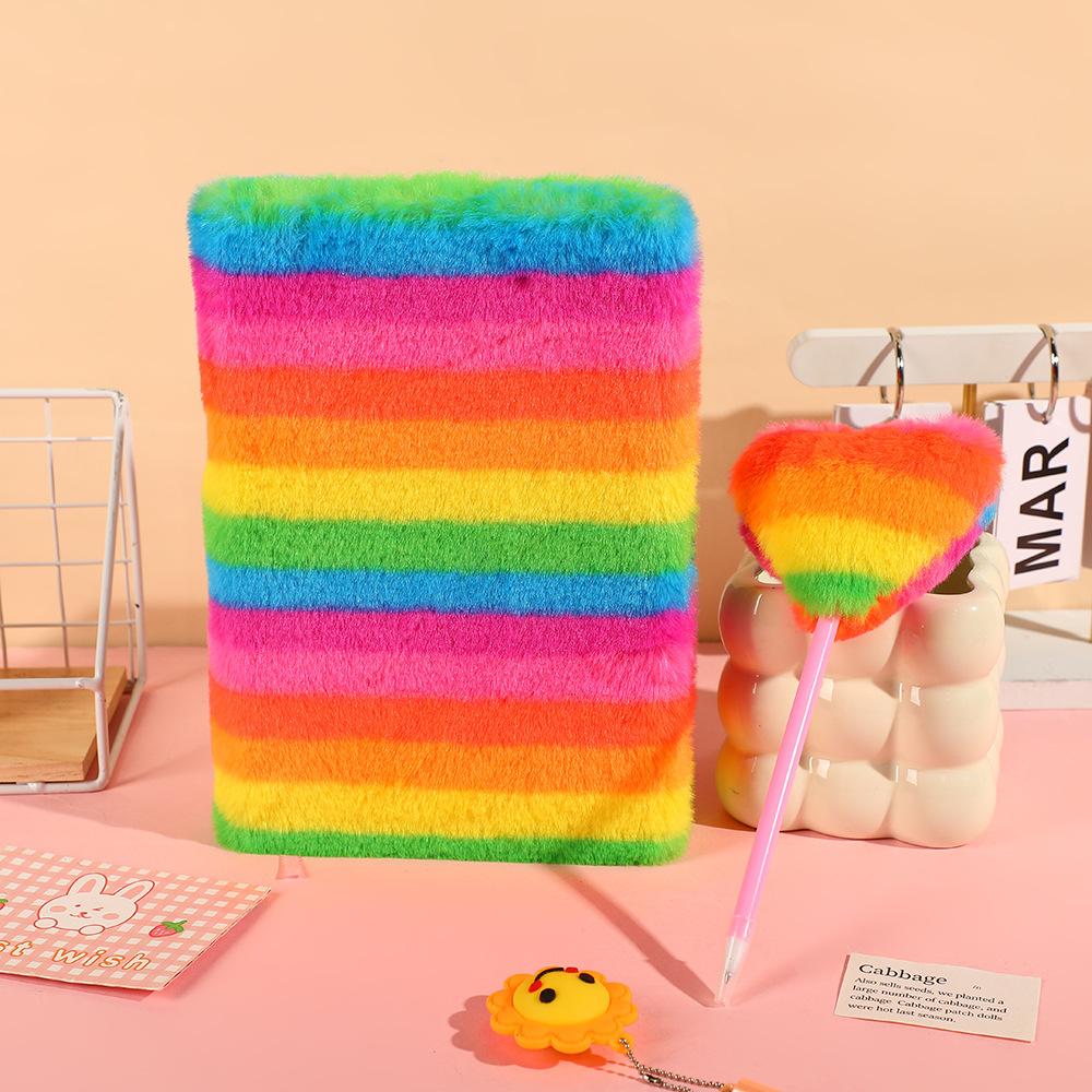 Valentine's Day Rainbow Notebook Set with Heart Stylus Pen and Fur Cover Handbook