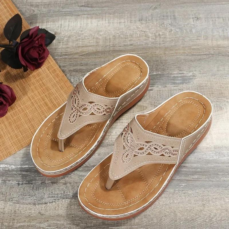 Mode 2024 Neue Damen Sandalen mit dicker Sohle Einfarbig Strand Casual Keil Zehentrenner Fortschrittliche Orthopädische Offene Zehenpartie Rutschfest Outdoor