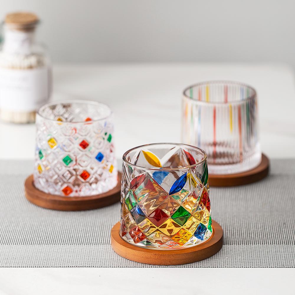 275ml Hand-Painted Spinning Whisky Glass with Gyro Base & Wood Rotating Coaster - Stress Relief Gift for Cocktail, Coffee, Tea,