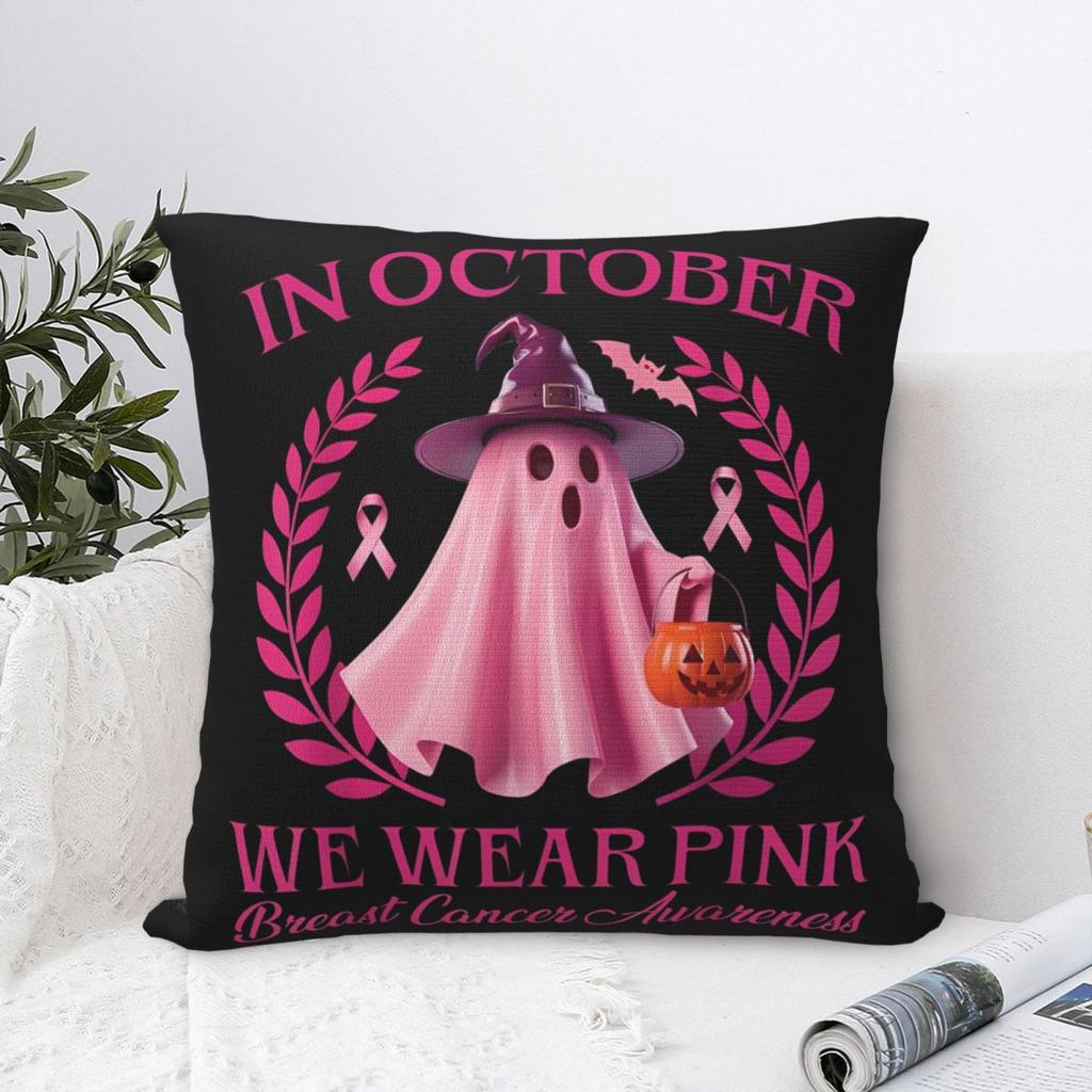 Spooky Pink Ghost Halloween October Breast Cancer Awareness Pillowcase Cushion Cover Decoration Pillow Case Cover Home