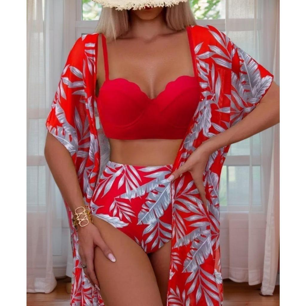1 Set Badpak Bladprint Hoge Taille Mesh Jas Driehoek Slank Makende Bikini Badpak Dames Set