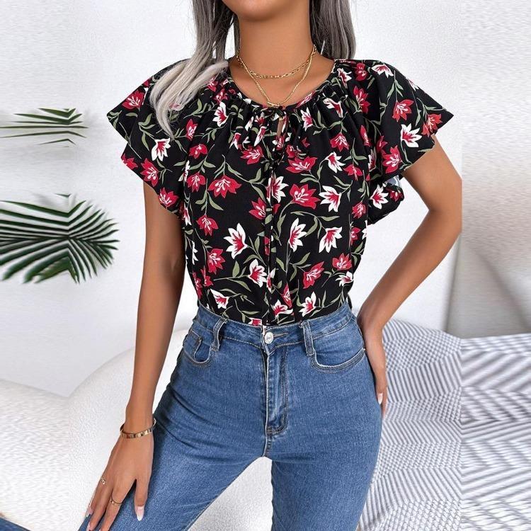 

Floral Loose Top Women Summer Lace Up Fashion Blouse Chiffon with Ruffle O Neck Sleeve Flying Ladies Spring S чёрный