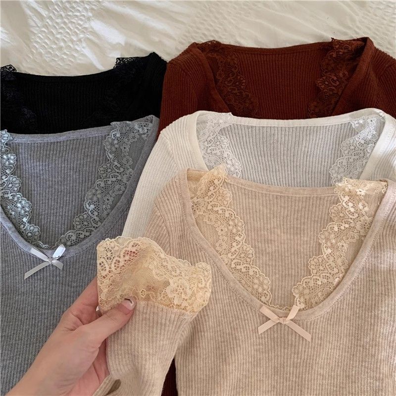 V-neck Splicing Long-sleeved Autumn and Winter Polished Inner Slim-fitting and Thin Versatile Bottoming Top