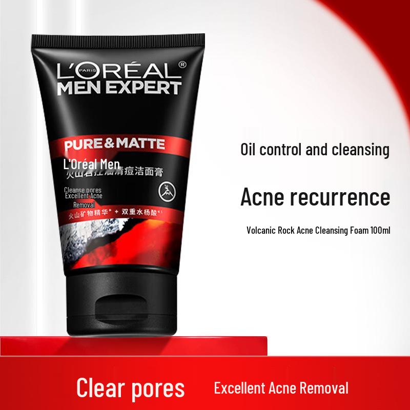 

L Oréal Men Очищувальний засіб для обличчя з вулканічною породою для контролю жирності та боротьби з акне, 100 мл – Формула глибокого очищення та проти акне