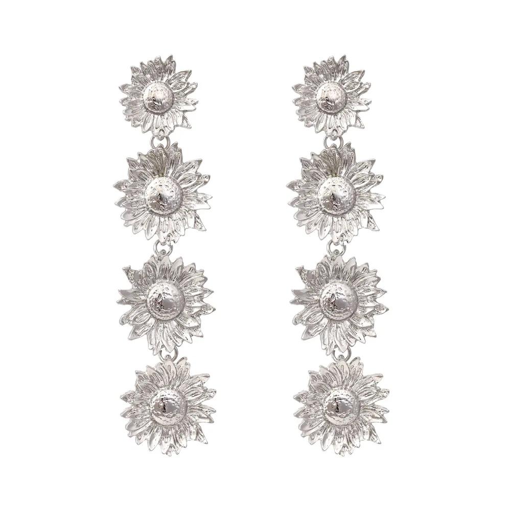 Metal Sunflower Long Earrings Women s Retro Exaggerated Dangle Earrings Banquet Wedding Zircon AccessoriesZAA медный